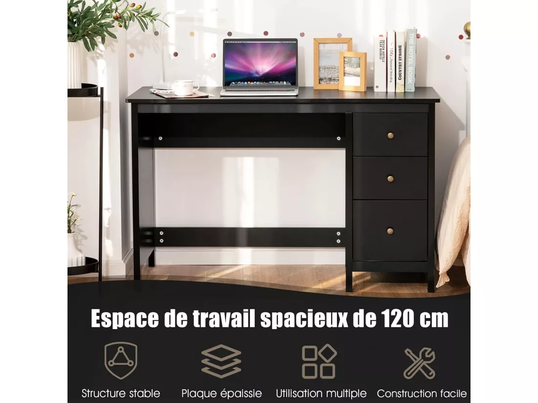 Bureau d'Ordinateur, Table de Bureau avec 3 Tiroirs de Rangement, Bureau d'Écriture, Table d'Étude, Postes de Travail pour Chambre, Bureau, 50 x 120 x 75 cm (Noir)