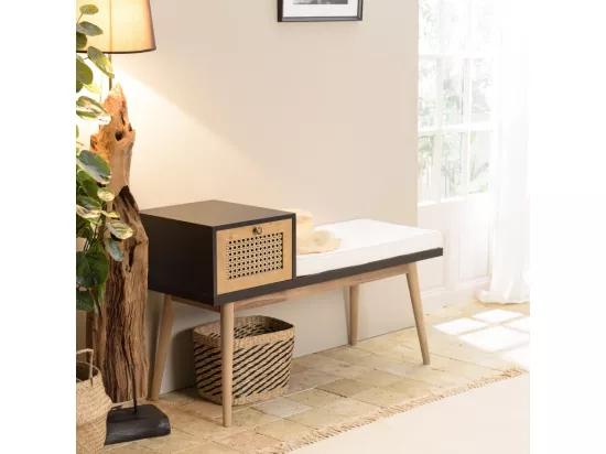 CHARLIE - Banc marron assise noire 1 tiroir effet cannage