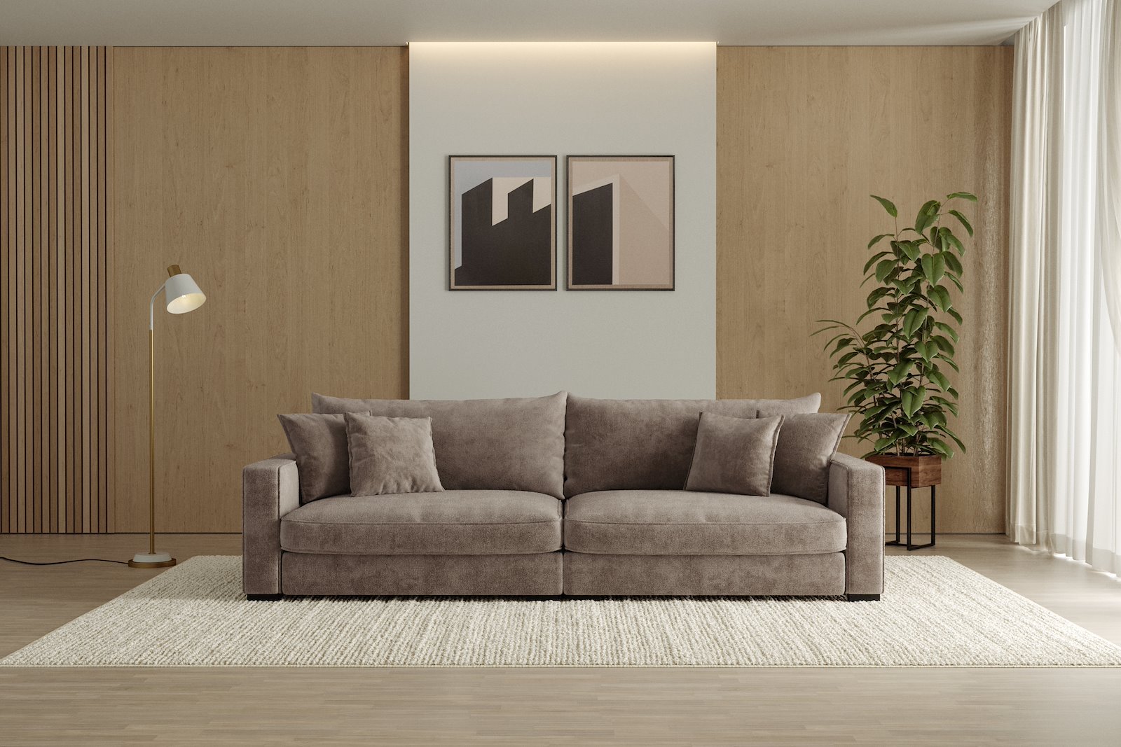 Rossi Lux 4-seter sofa Tekstil Genesis 6 Mink, arm B med sorte ben. Std. Komfort.