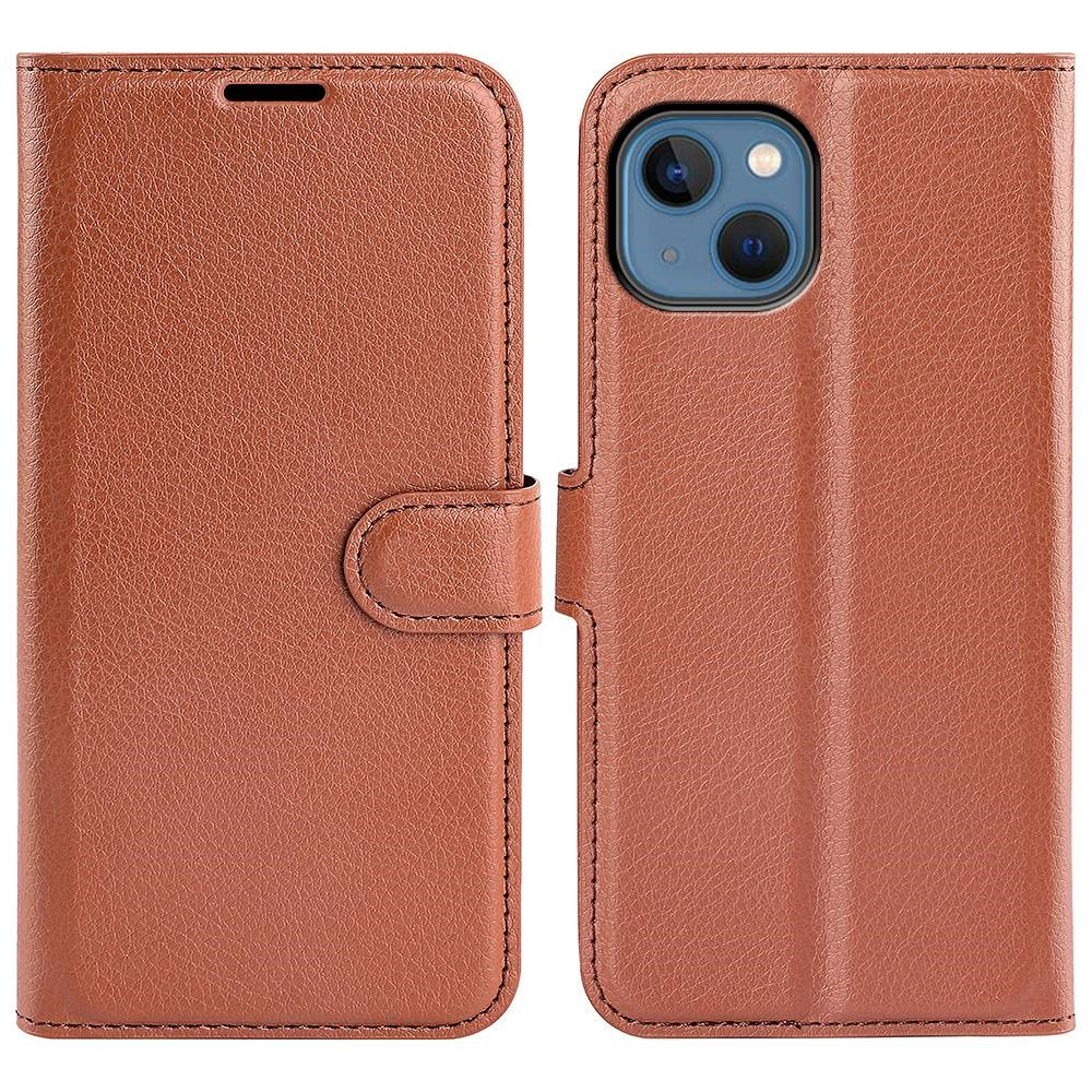 iPhone 14 Leder Tasche Flip Cover Litchi Look - Braun