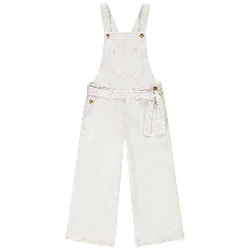Salopette longue en denim overdye avec ceinture en tissu pour fille - Ecru