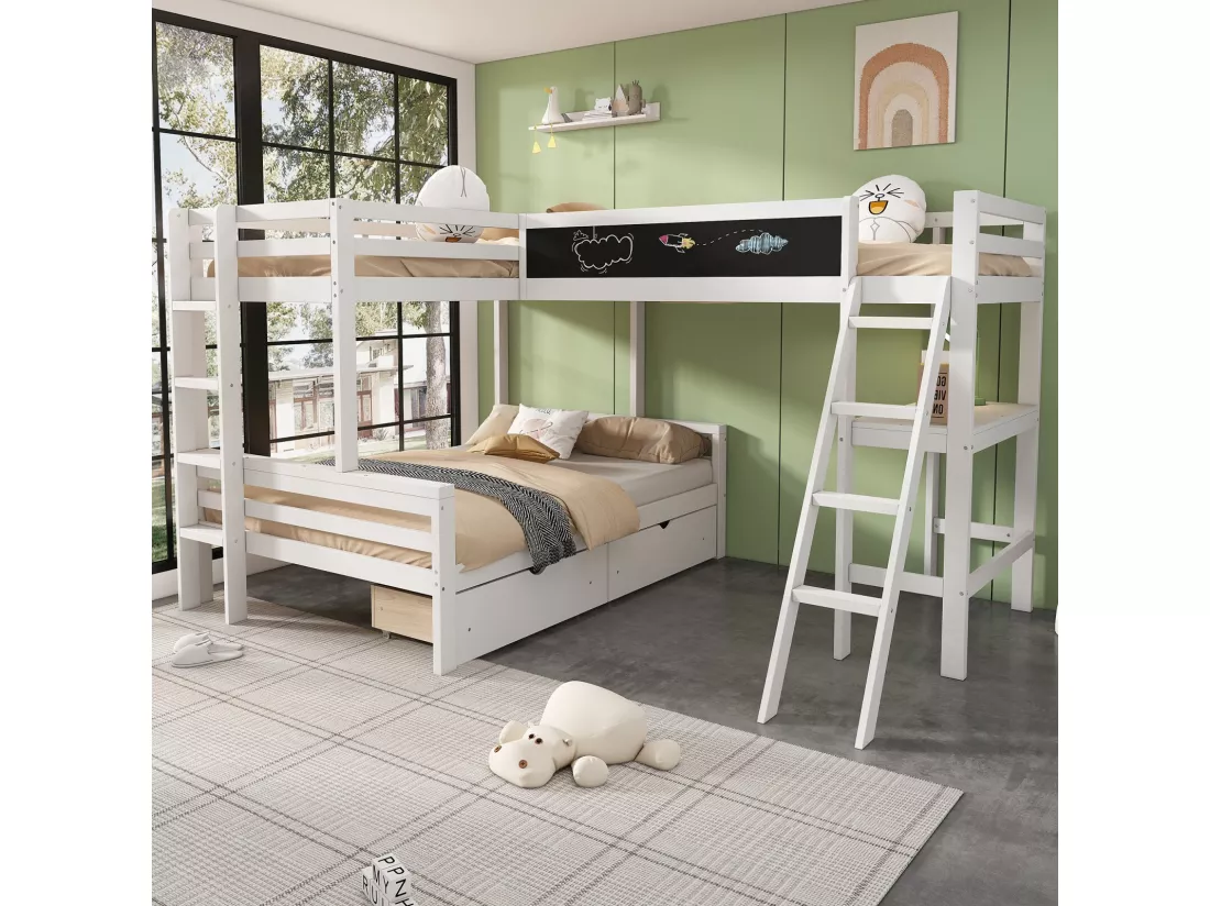 Lits Superposés Pour 3 Enfants, 2x90x200cm et 140x200cm, avec tiroirs de rangement, Blanc