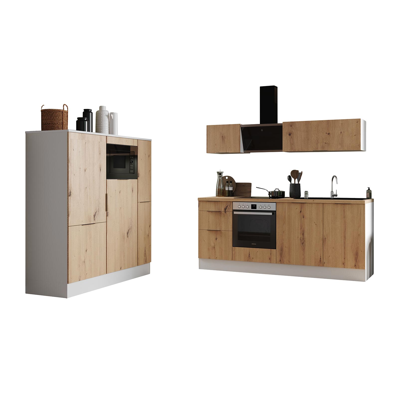 RESPEKTA Küchenblock - weiß matt - Artisan Eiche - mit E-Geräten - 370 cm
