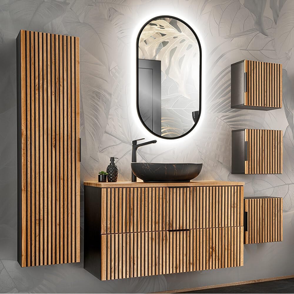 Lomadox Badezimmer Hängeschrank 35x35 cm Wandschrank Badschrank 1 Tür quadratisch Würfel anthrazit mit Eiche Nb. Schwarze Rillen, 35x35x22 cm