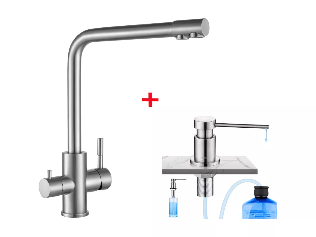 Cecipa max 3 en 1 Mitigeur pour Sstème D'osmose, Robinet Evier pour l'Eau Chaude/Froide et l'Eau Filtrée+Distributeur de Savon de Cuisine Brossée