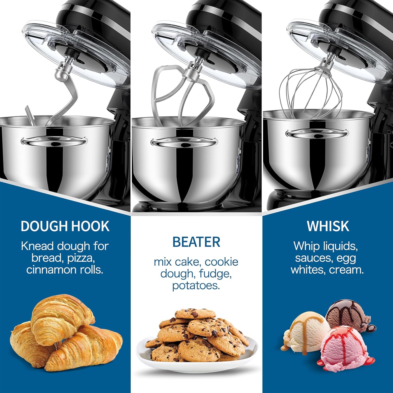 Vospeed Robot Patissier 1500W, 6QT Gateau Mélangeur lectrique Cuisine Avec Acier Inoxydable Bowl, Batteur, Crochet Pétrisseur, Fouet Pourcuisson, Lave-vaisselle (Noir)