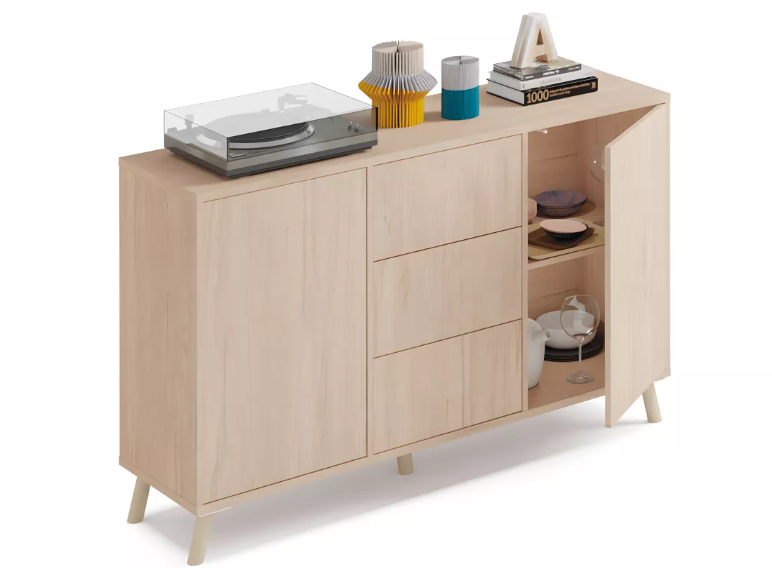 Buffet 2 portes + 4 tiroirs coloris effet bois - Hauteur 90 x Longueur 140 x Profondeur 40 cm