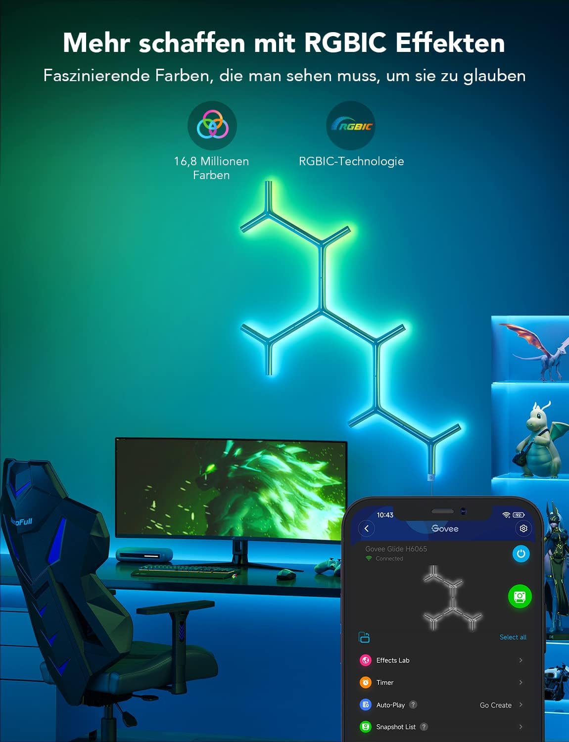 Govee Glide Y Lights, RGBIC LED Gaming , Smart Home DIY Kreative Deko Lights mit Musik Sync & 40+ Szenenmodi, Wi-Fi Wandleuchten für Wohnen, Schlafzimmer, 7er Pack