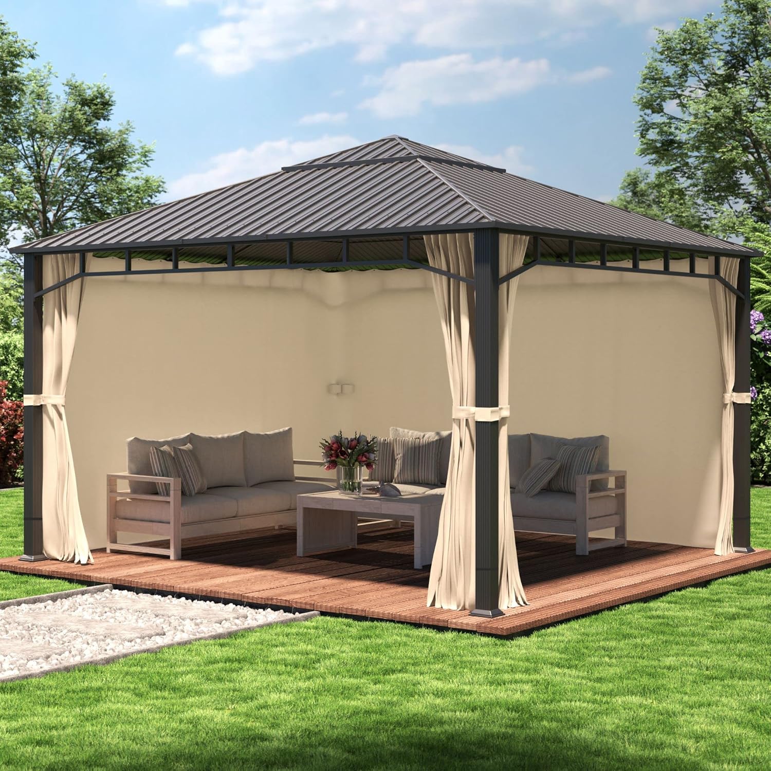 TOOLPORT Gartenpavillon 4x4 m Stahldach Hardtop 4 Seitenteile in Champagner, Pfosten 9x9 cm