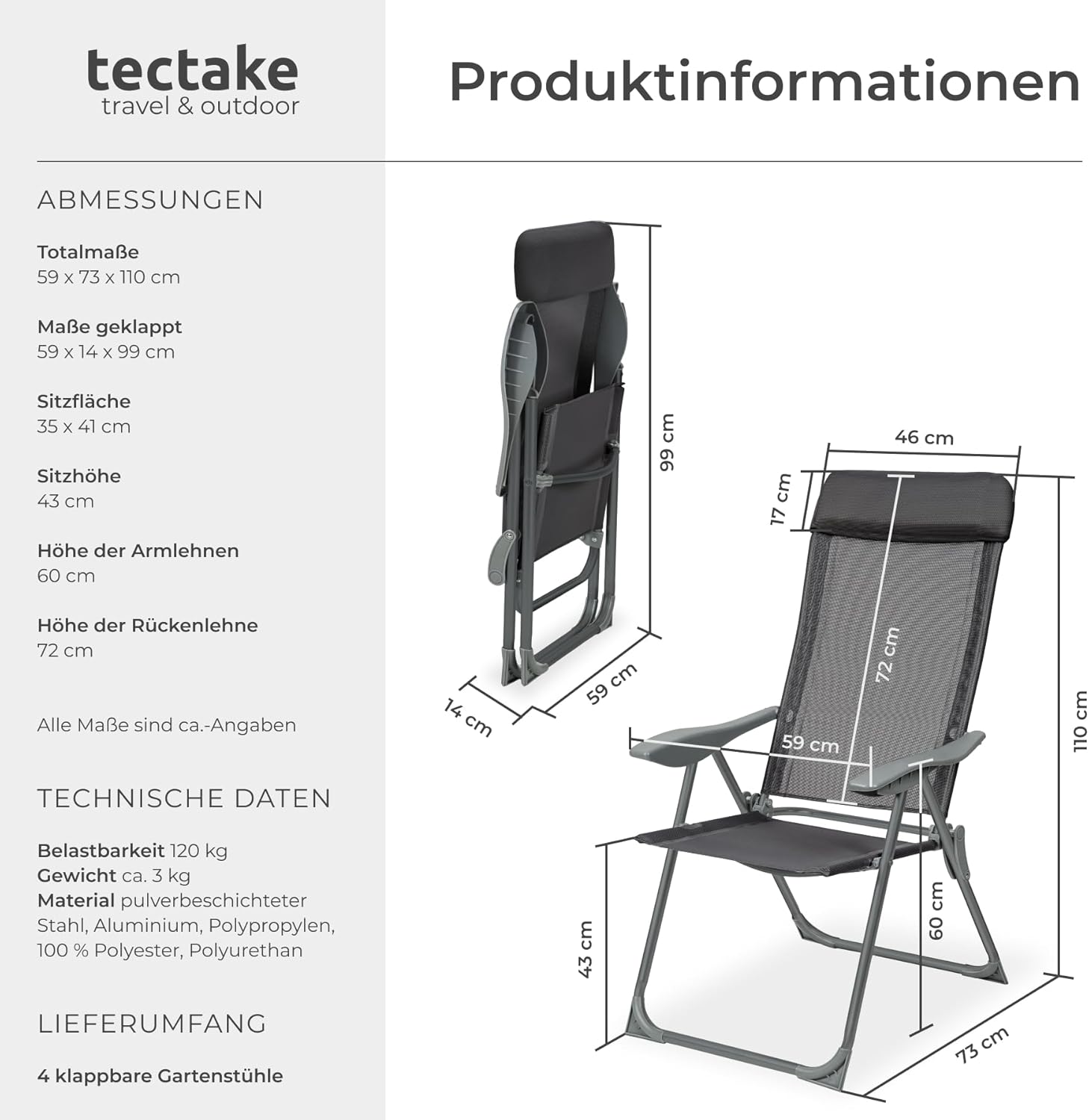 tectake® 4er Set Gartenstuhl Hochlehner, Gartenstühle, Essstühle Aluminium, Klappstuhl 5-Fach verstellbar mit Armlehnen, Sessel mit Liegefunktion, Gartenmöbel, Möbel für Terrasse, Camping - anthrazit