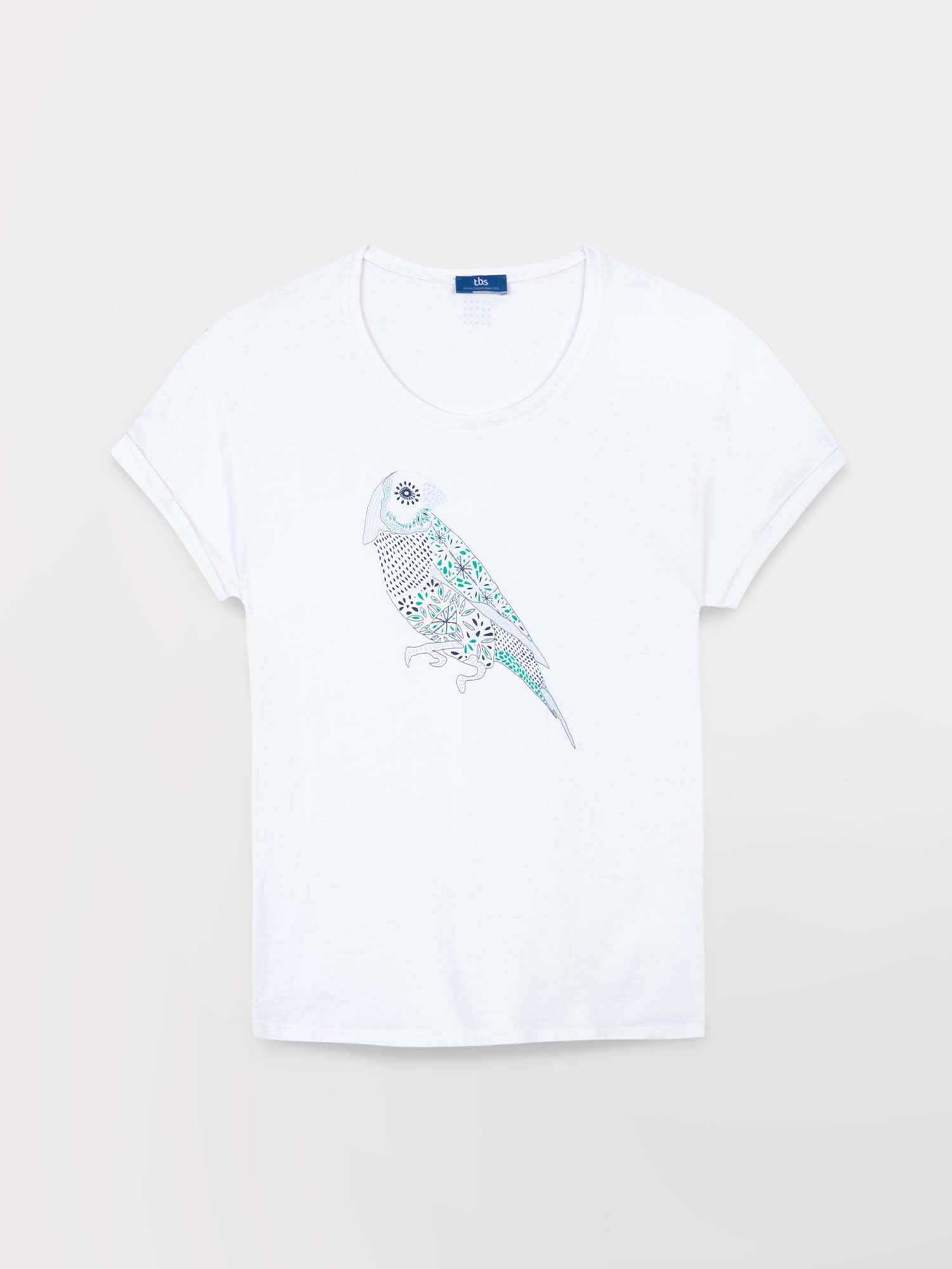 Tee Shirt Femme Coton Biologique Motif Perroquet Blanc