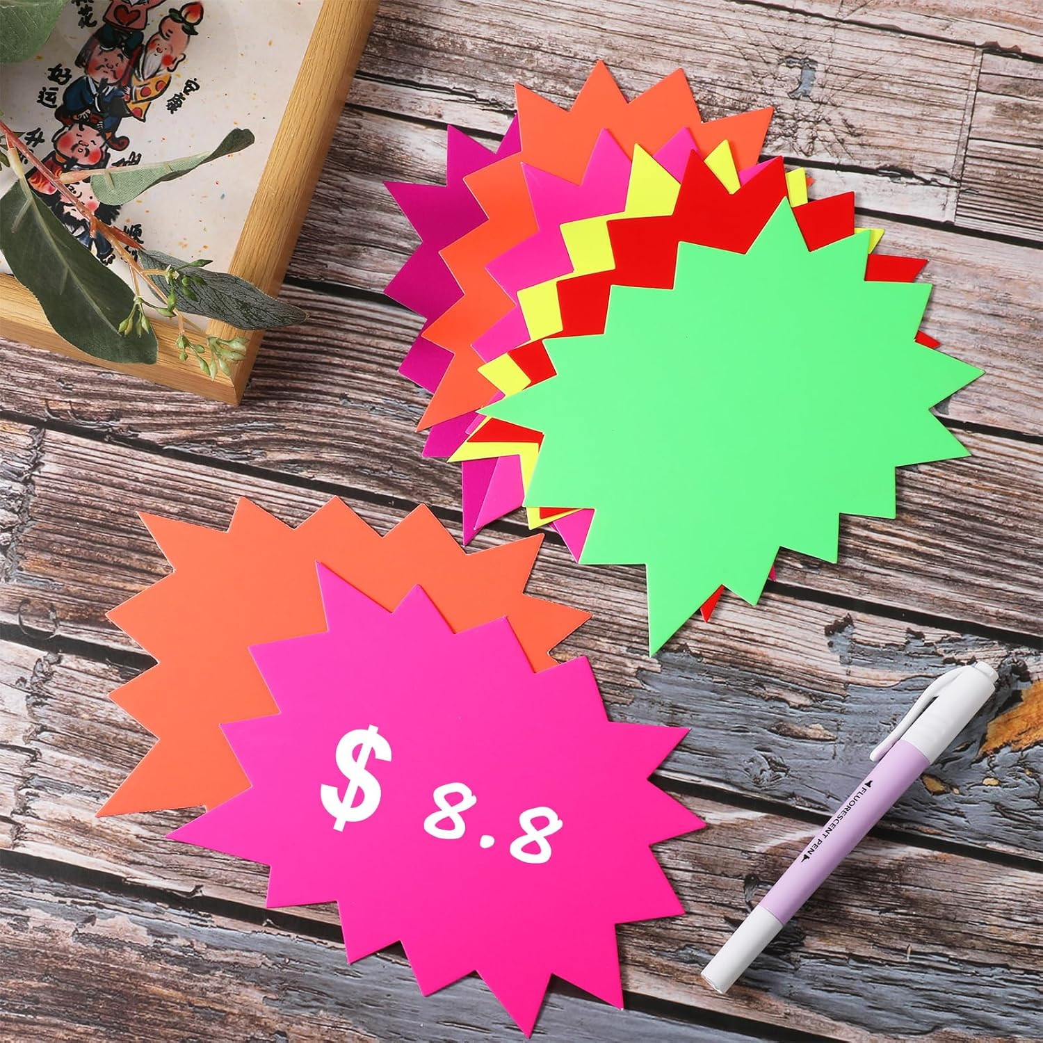 (10er Set) Papier Preis Etiketten Sale Sticker Neon Rabatt Starburst Markierung Verkaufs Schilder zum Beschriften - Pink