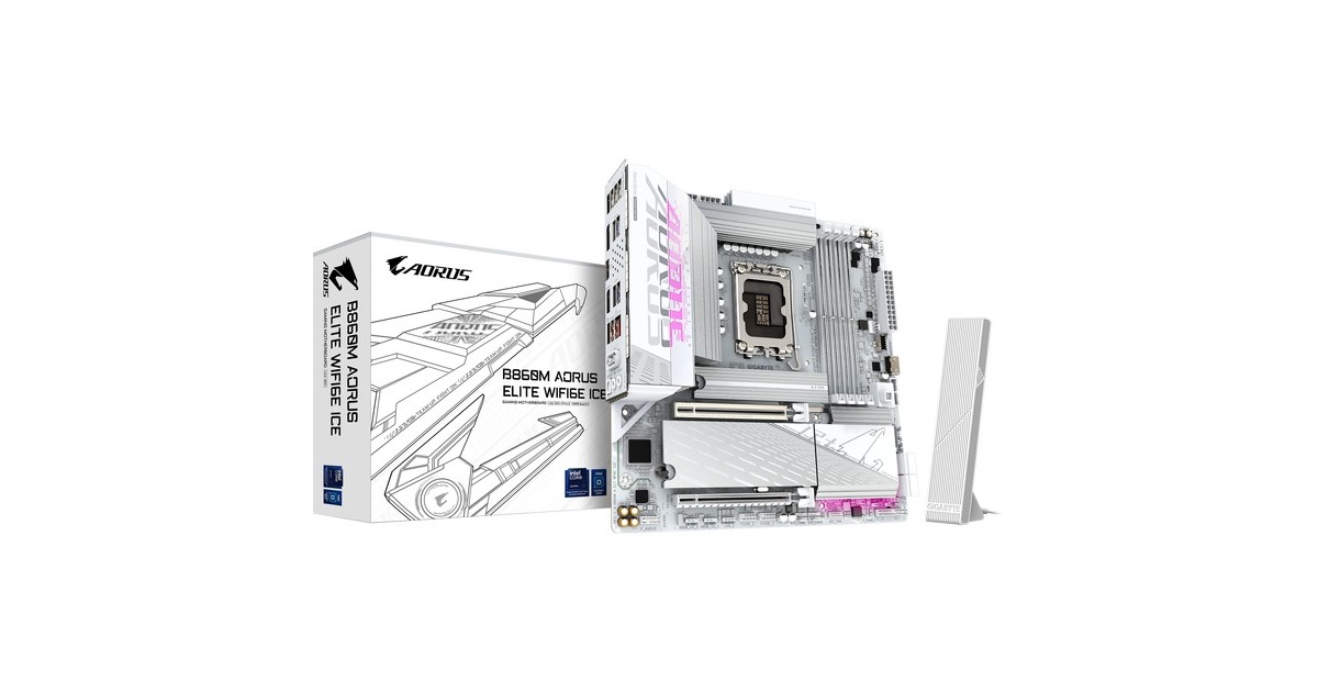 GIGABYTEB860M AORUS ELITE WIFI6E ICE socket 1851 moederbord  (Zilver/wit, RAID, 2.5Gb-LAN, Wi-Fi 7, BT, Sound, µATX)