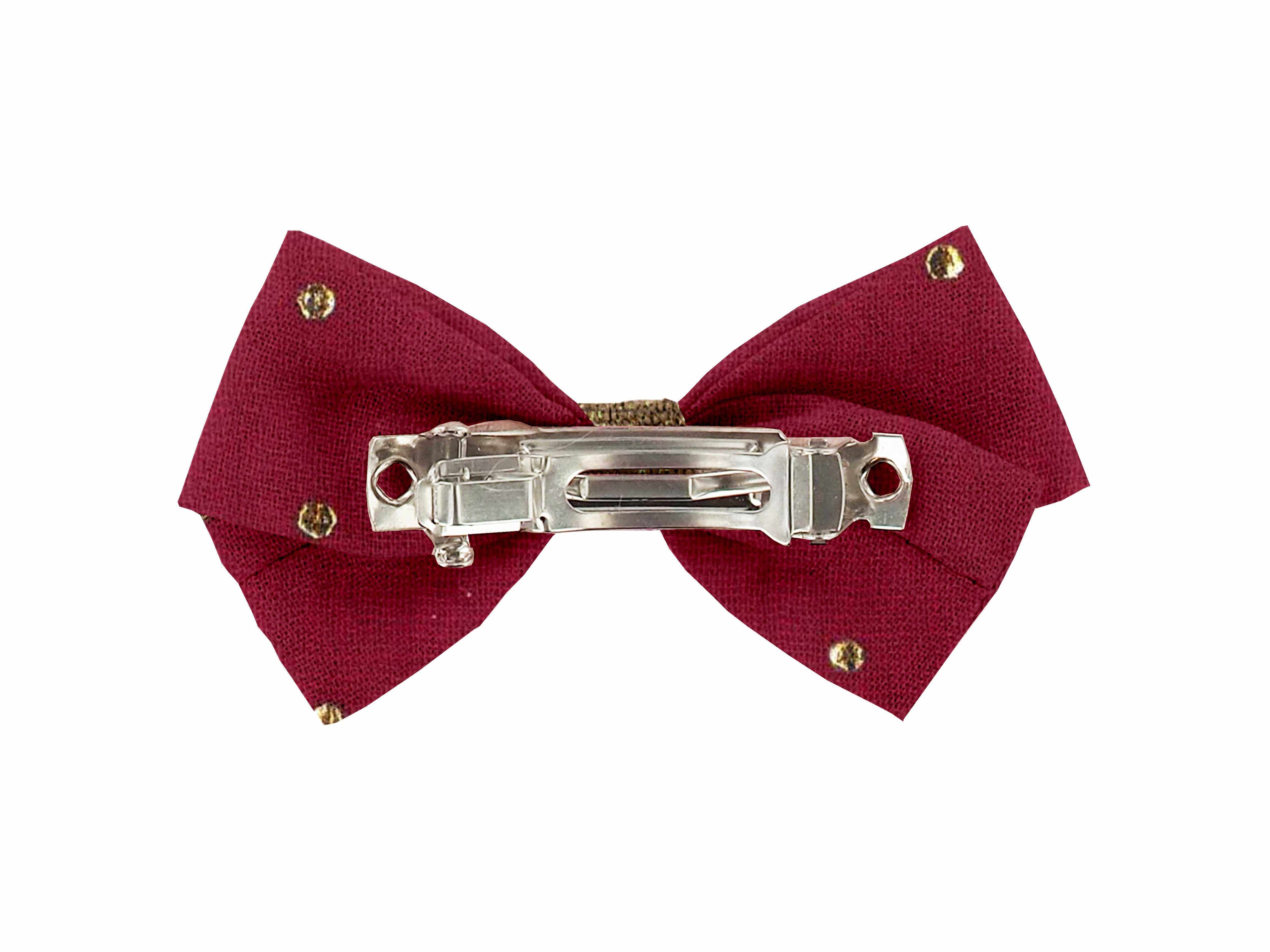 Petite Barrette Double Noeud Croisé Gaze Pois Or Grenat