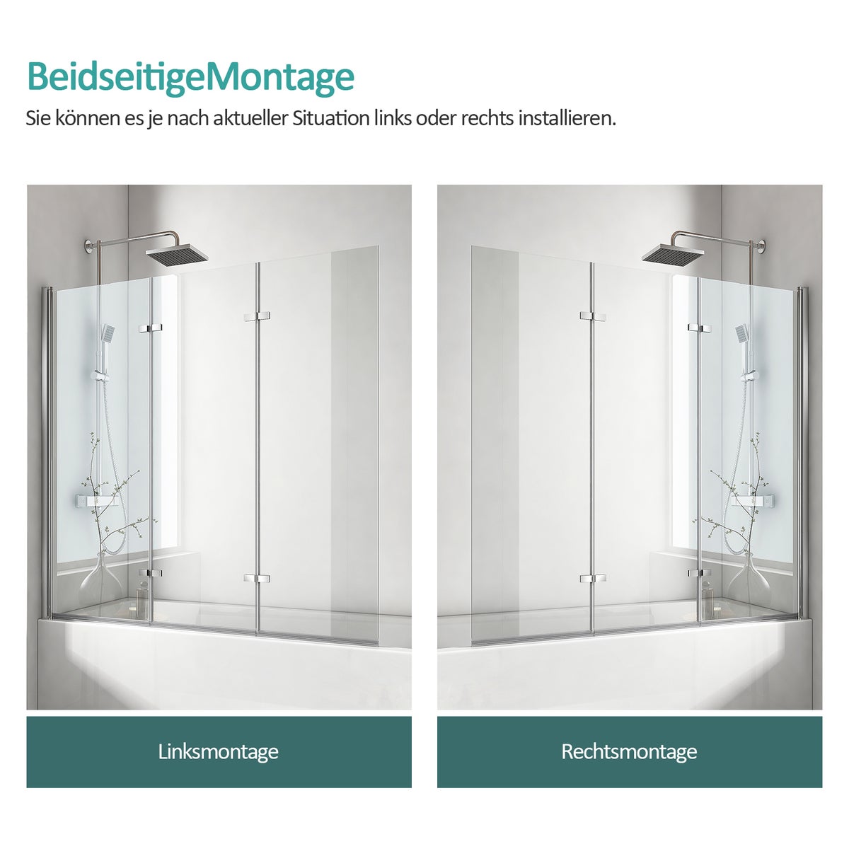 EMKE 3-delige douchewand voor badkuip, opvouwbare badwand, 120x140cm, opvouwbaar, 6mm veiligheidsglas met nanocoating, opvouwbare douchewand, rechts of links monteerbaar