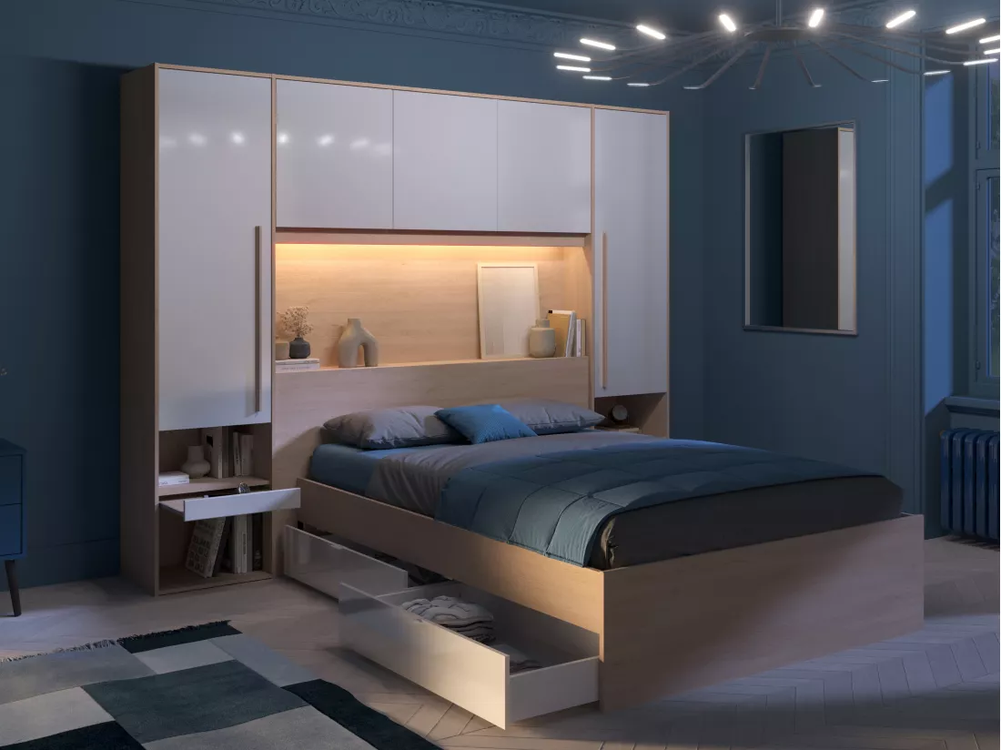 Lit pont 140 x 190 cm avec rangements - avec LEDs - Coloris : Naturel et blanc brillant + Sommier + Matelas - VELONA
