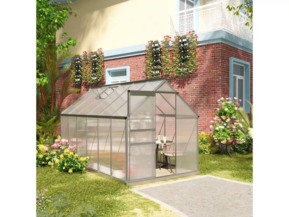 Serre de jardin aluminium polycarbonate 7,12 m² dim. 3,75L x 1,9l x 2H m lucarne réglable fondation porte coulissante