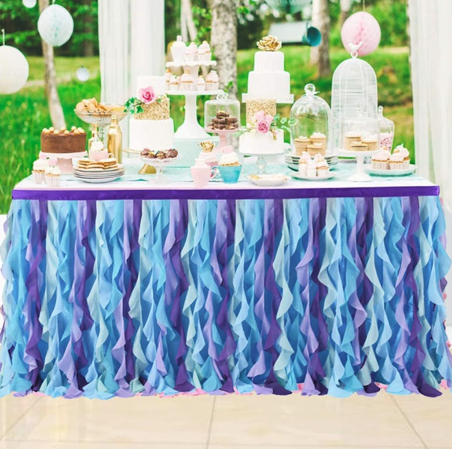 (183x77cm) Tisch Deko Tüll Kräusel Tischrock Vorhang für Party / Hochzeit / Geburtstag - Blau / Lila