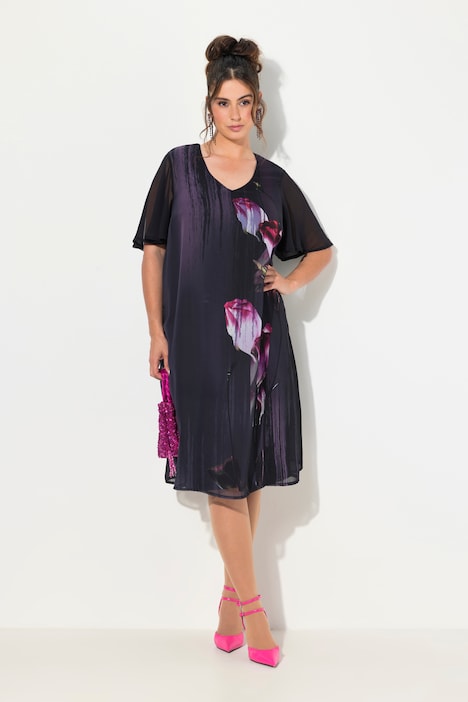 Kleid, Blüten, A-Linie, V-Ausschnitt, Cup-Halbarm