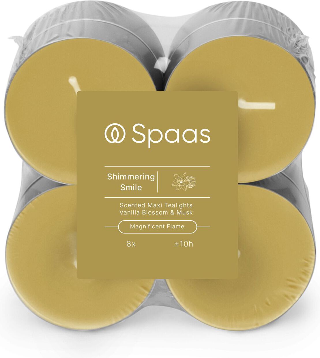Spaas geurkaars Essential collection Shimmering Smile beige 10 uur D 6 H 2,1 cm 8 stuks