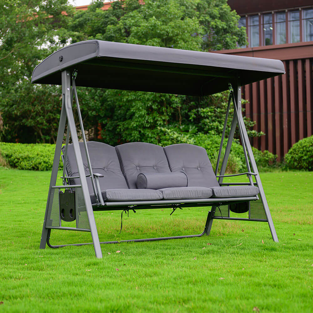 Home Deluxe - Descanso Tuinschommel, Grijs met Hoes - 3-Zits, B/H/L 115cm x 195cm x 198cm, incl. Bekerhouder, Zit- en Rugkussens | Tuinligstoel, Tuinlounge, Schommelstoel