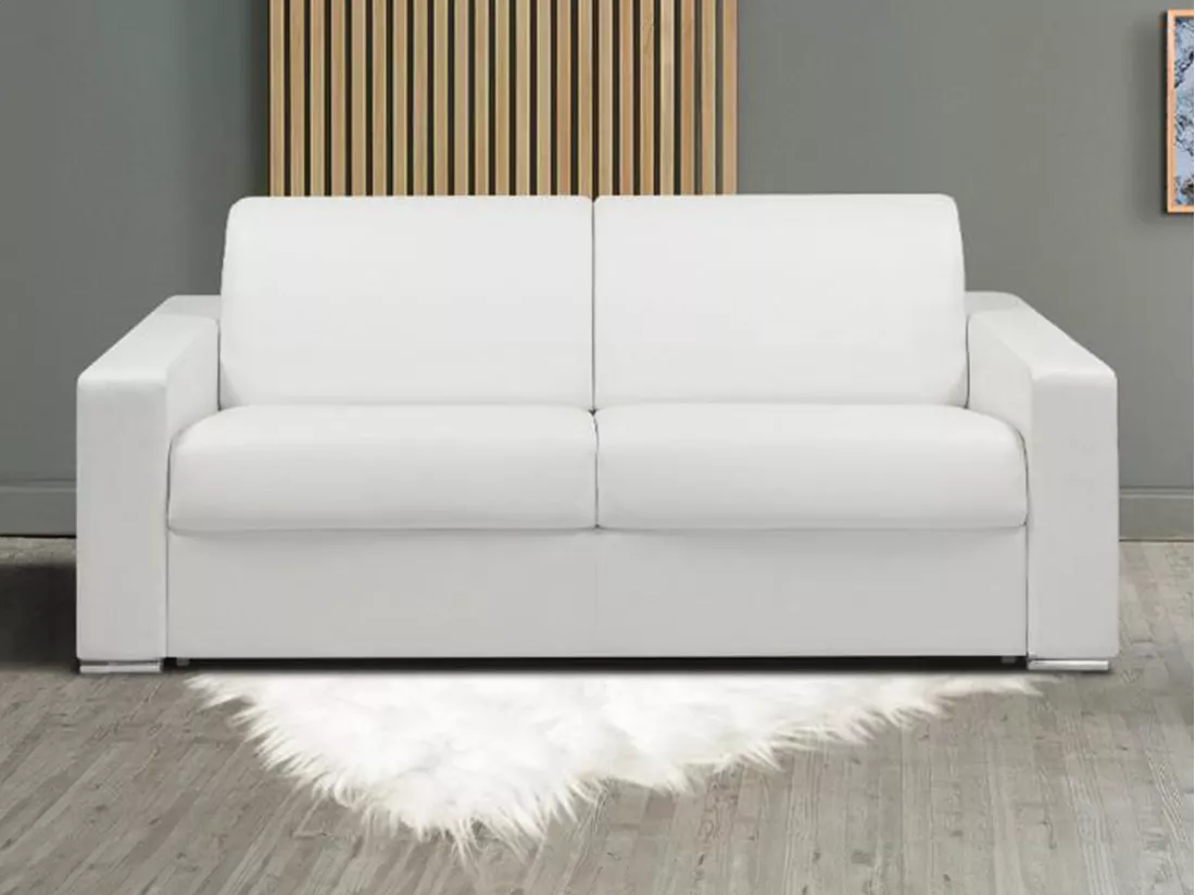 Canapé 2 places convertible express en simili blanc - Couchage lattes larges 120 cm - Matelas 22 cm avec mémoire de forme CALITO