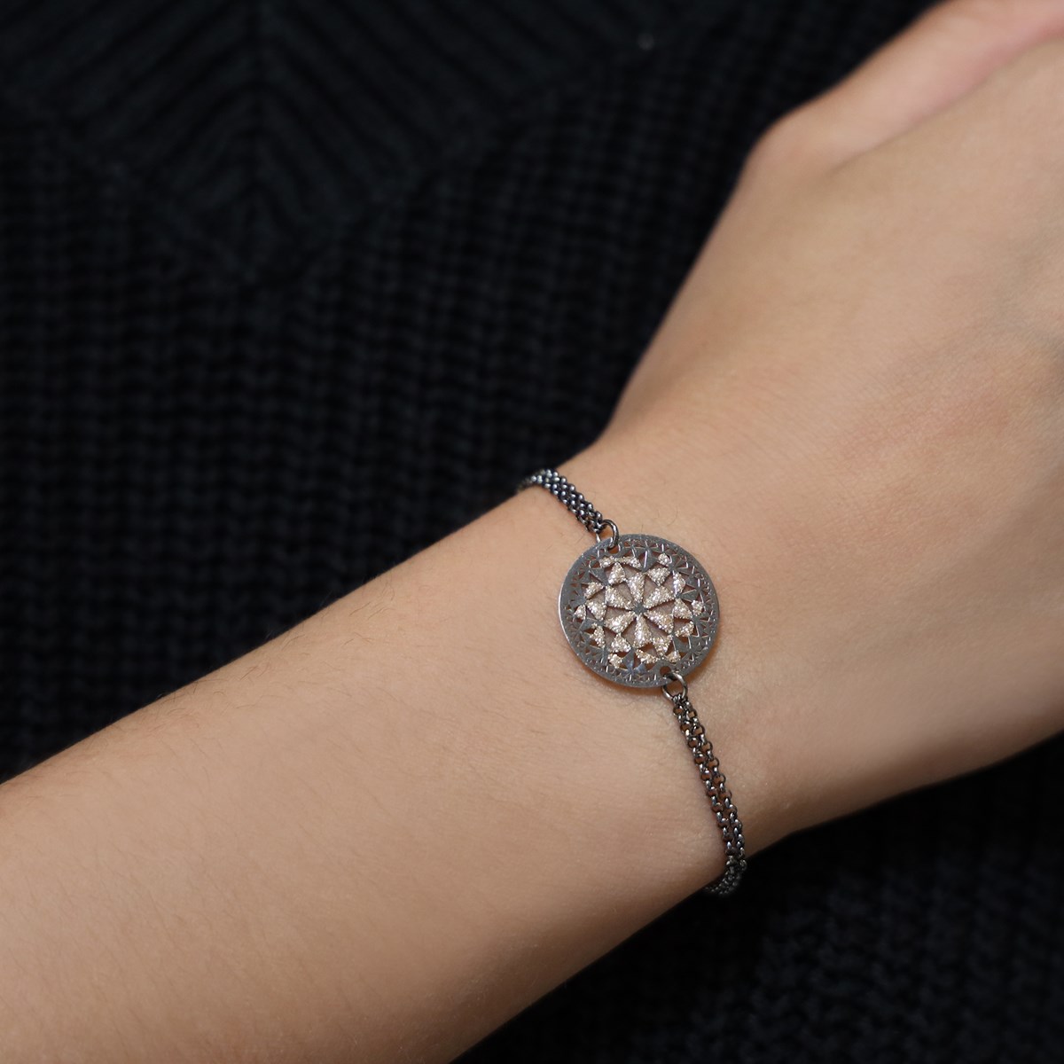 Bracelet Argent Noir Fleur16cm+3cm