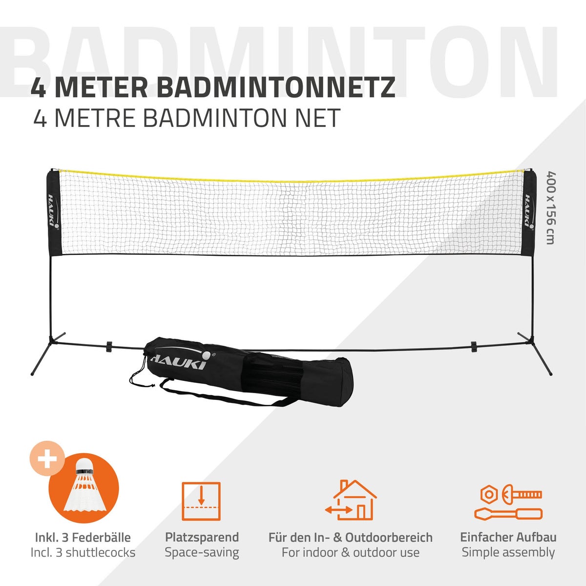 Hauki Badmintonnet, Tennisnet 400cm, Zwart, H156cm, Shuttlecock Netset incl. 3x Shuttlecocks, Draagtas, Stevig ijzeren frame, Draagbaar volleybalnet, Trainingsnet voor binnen en buiten, Tuin