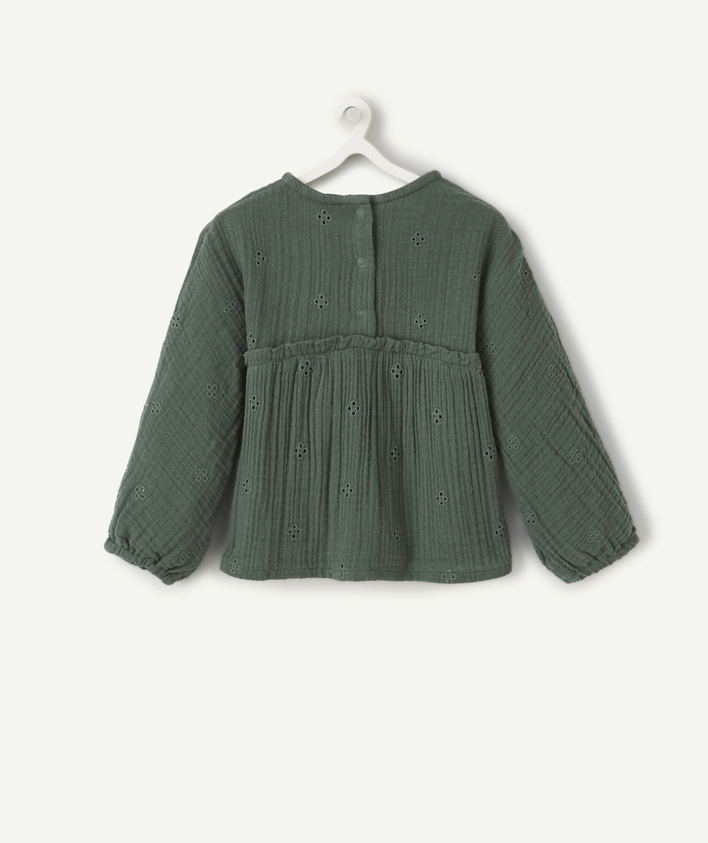 BLOUSE BÉBÉ FILLE EN GAZE DE COTON VERTE AVEC DÉTAILS AJOURÉS