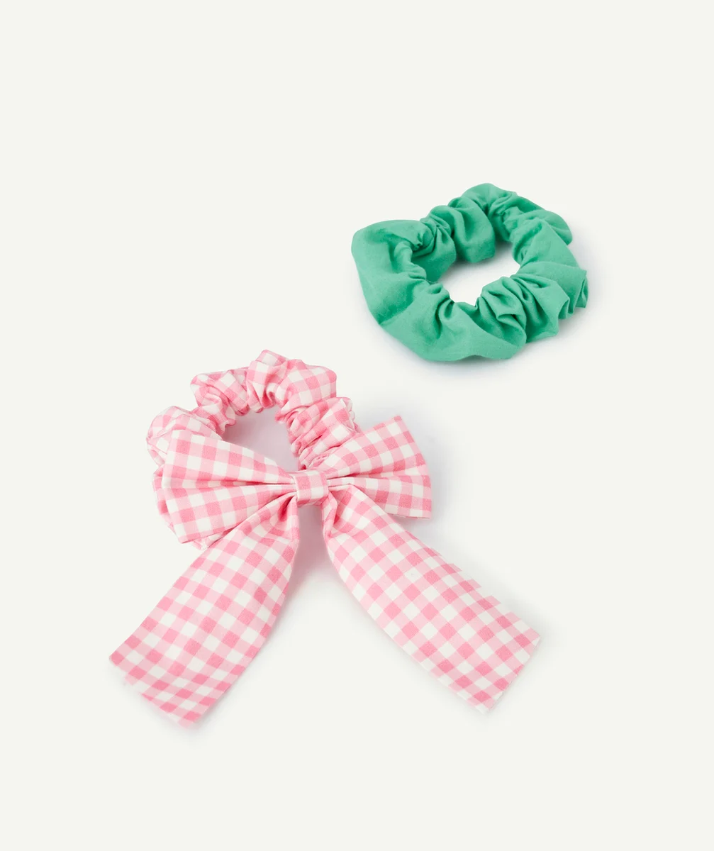 LOT DE 2 CHOUCHOUS FILLE ROSE EN VICHY AVEC NOEUD ET VERT