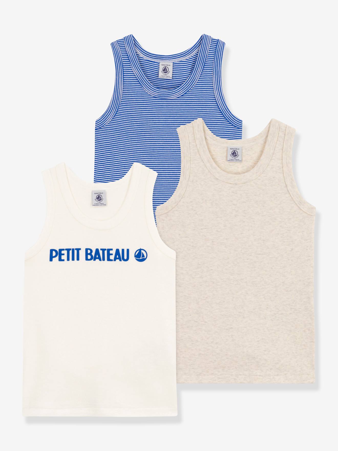 Conjunto de 3 regatas PETIT BATEAU em algodão orgânico, brancas.
