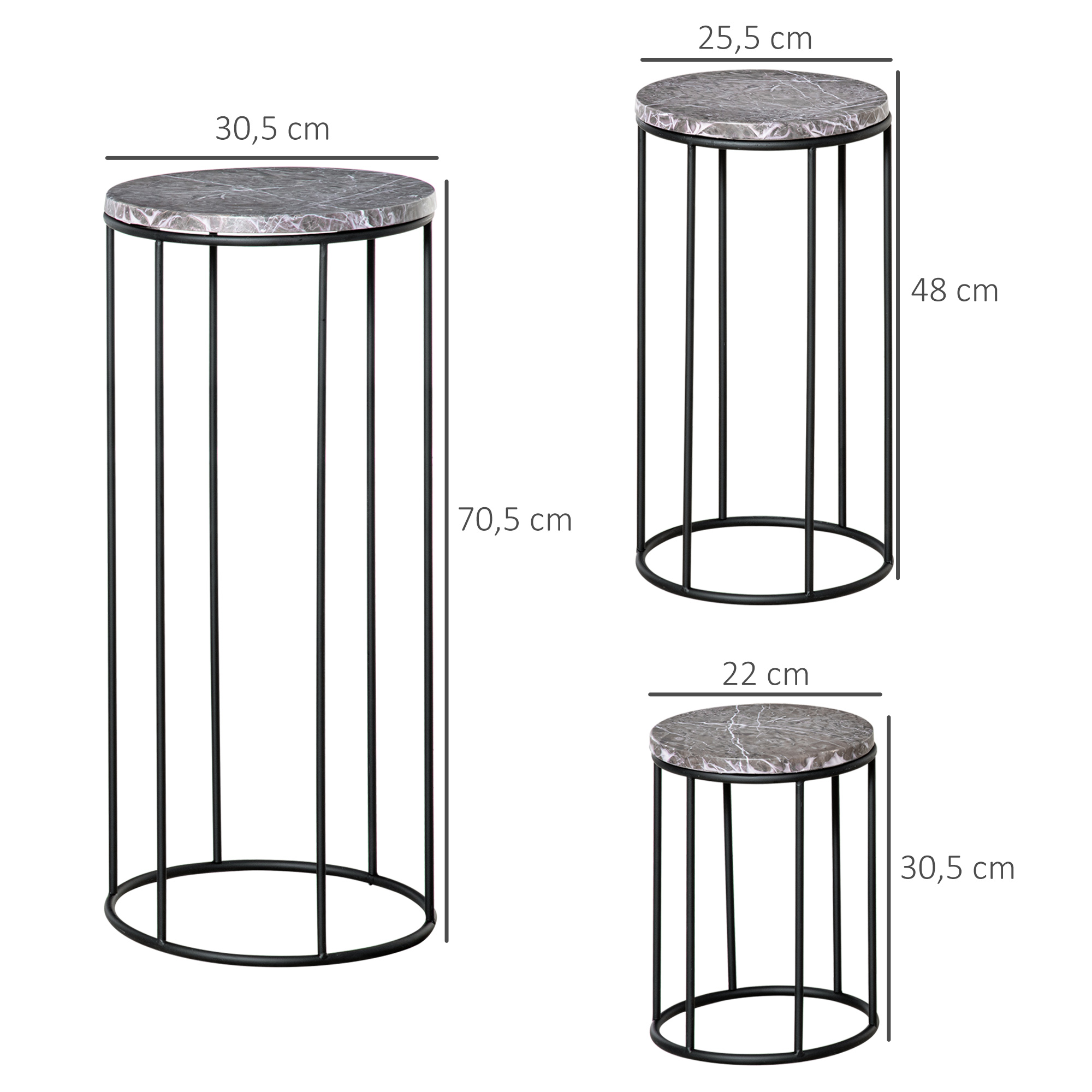 Suportes de metal para plantas Outsunny, conjunto de 3 peças empilháveis com efeito mármore, ideais para uso interno e externo, Ø30,5 x 70,5 cm, cinza e preto.