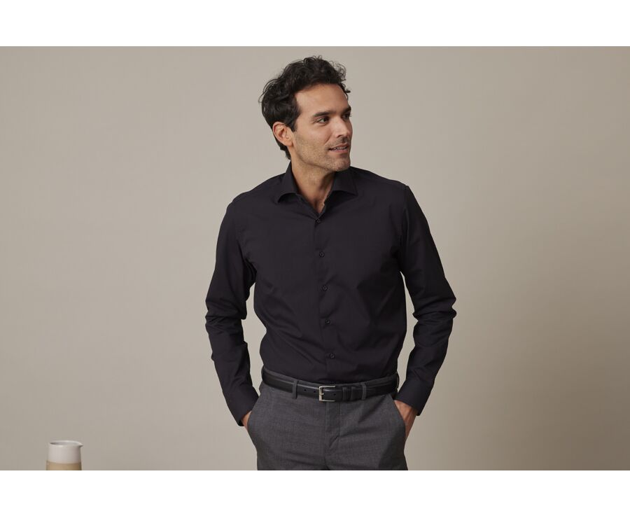 Chemise Noir coton popeline - Col italien - LUDOVICO CLASSIC