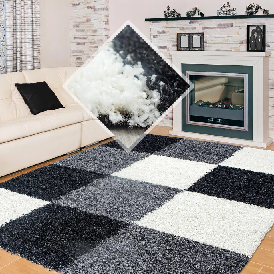 Basic Shaggy Geblokt vloerkleed Zwart / Wit Hoogpolig - 160x230 CM