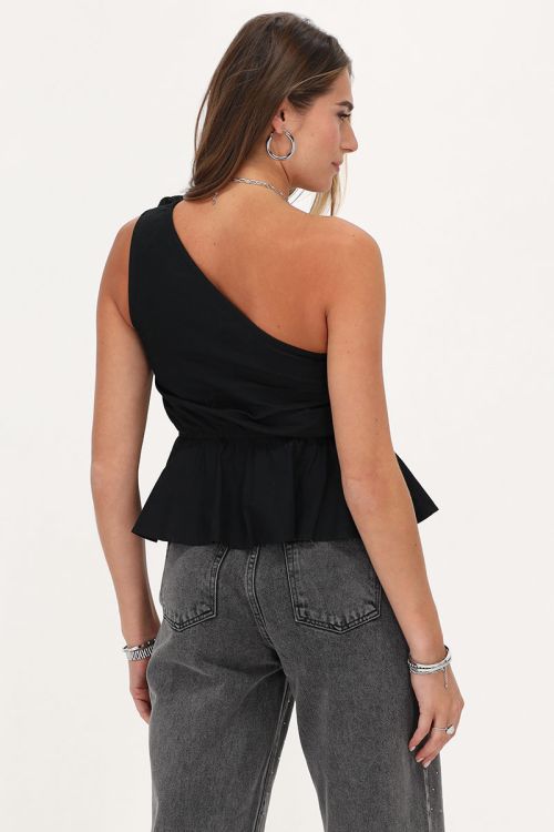 Zwarte one-shoulder top met grote bloem