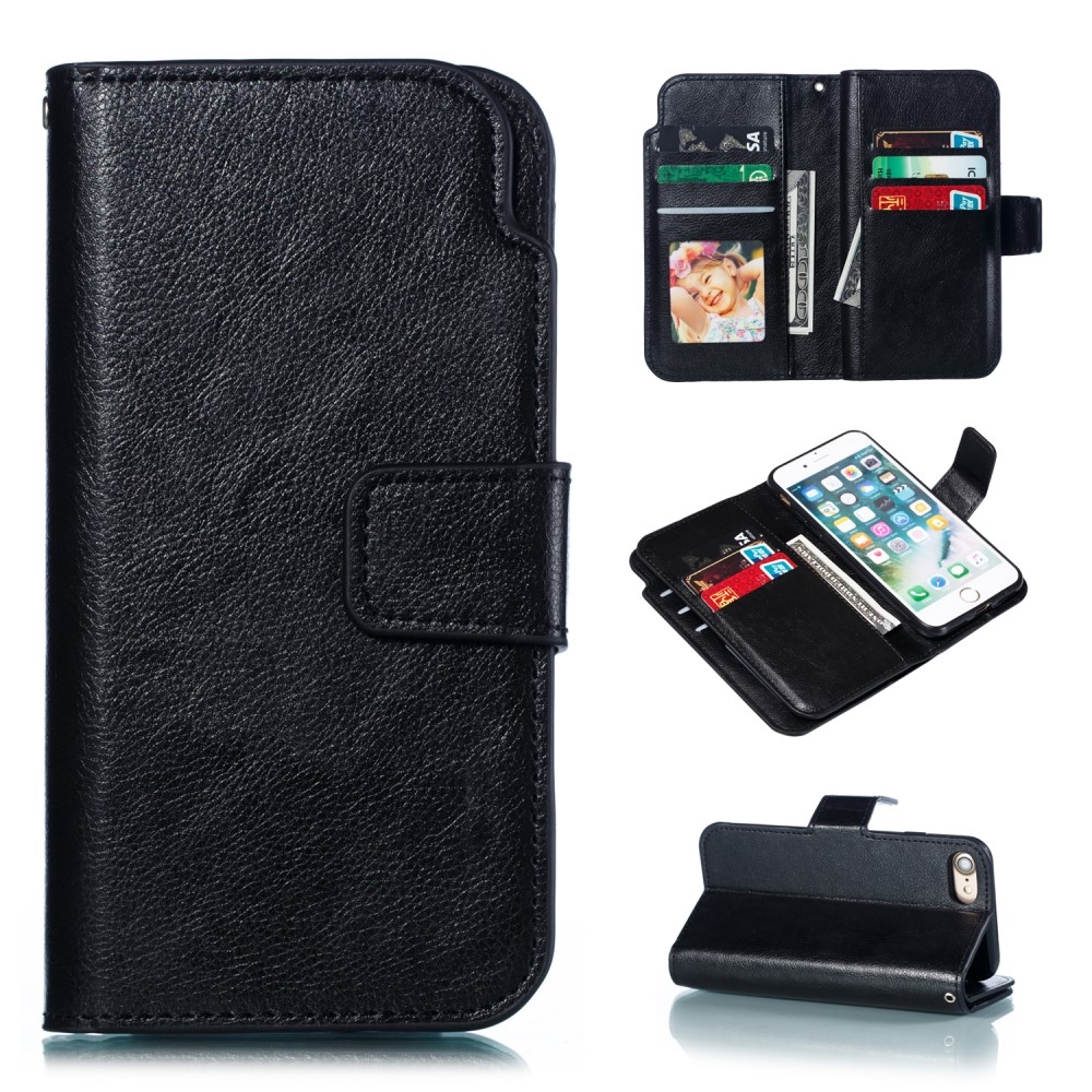 iPhone SE (2022/2020) / 8 / 7 Leder Wallet Etui Tasche mit 9 Kartenfächern - Schwarz