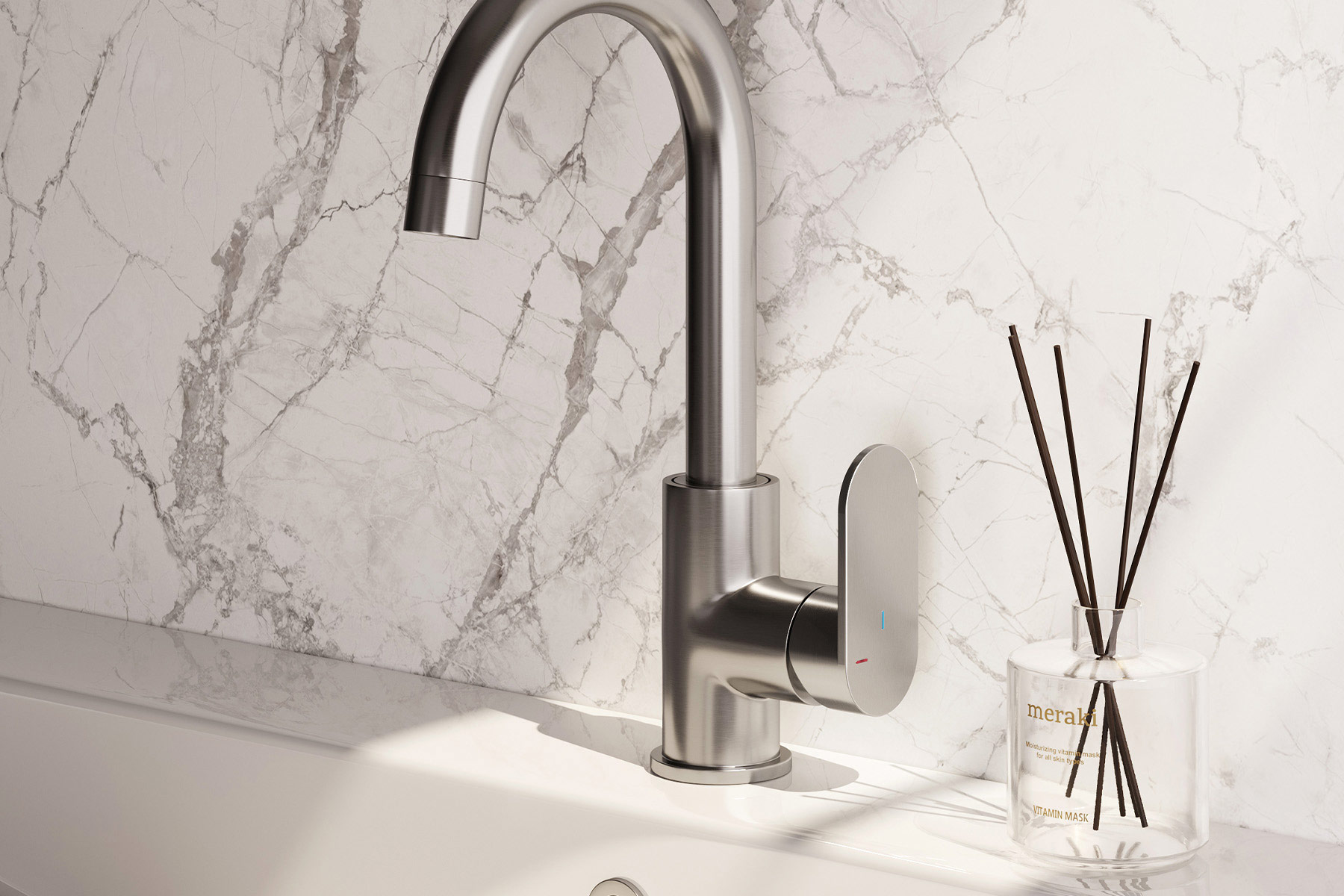 Brauer Brushed Edition ColdStart wastafelkraan hoog met draaibare ronde uitloop model C RVS geborsteld PVD