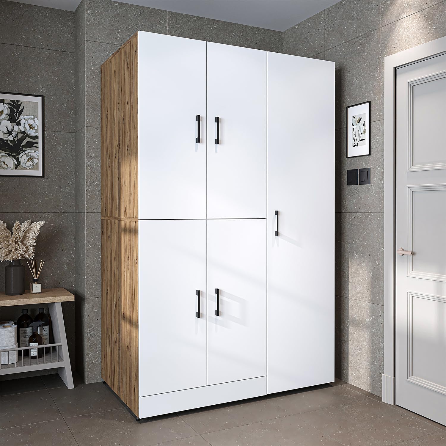 ROOMART Dora - Armoire de machine à laver - Pour sèche-linge et machine à laver - En 4 couleurs - Avec portes et panneau coulissant - Blanc - Chêne blanc - Chêne anthracite - Chêne blanc (chêne blanc)