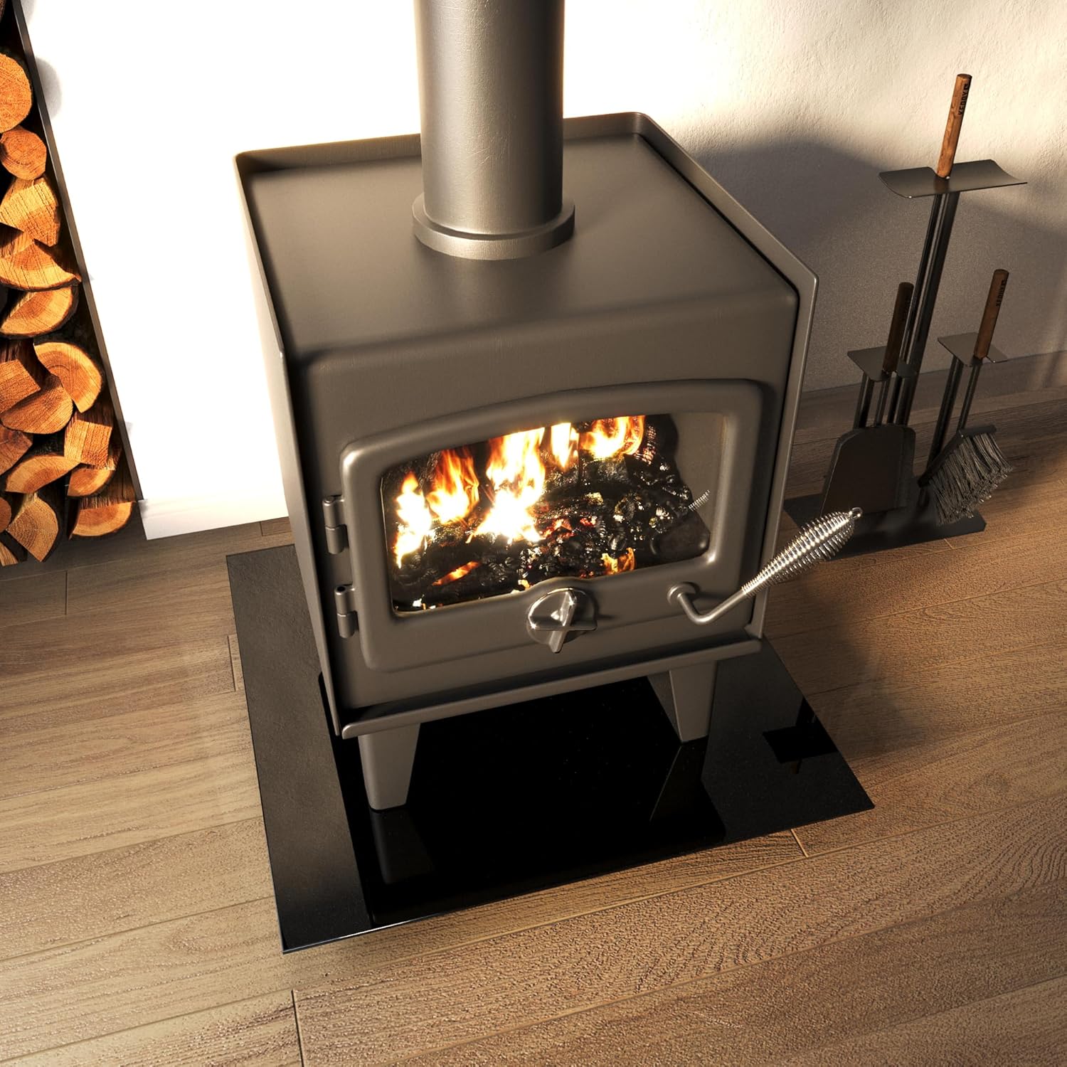 BIJON Funkenschutz-Platte Schwarz mit polierter Kante, Glasplatte Kaminofen, Kaminschutz mit ESG Sicherheitsglas, Kamin Zubehör, Kamin Glasplatte, Quadrat 100 x 100 cm, 6mm
