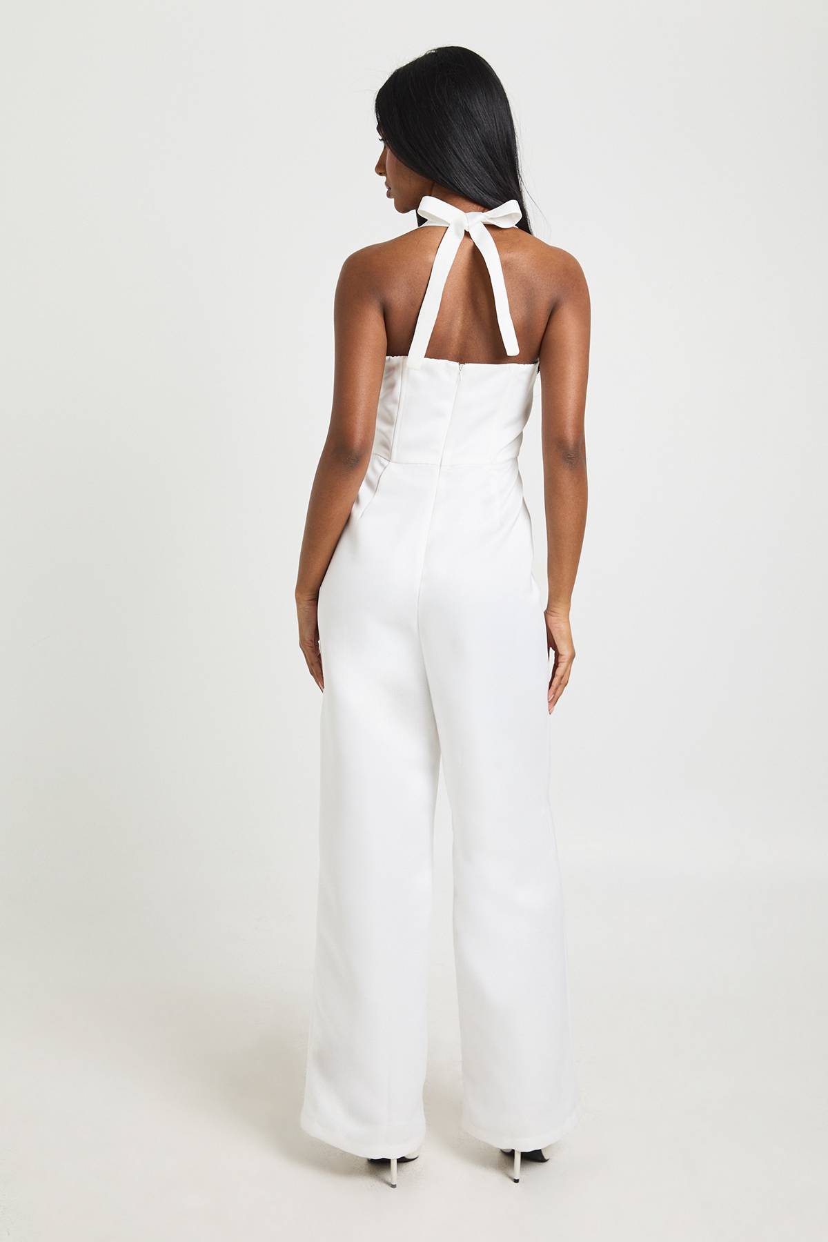 boohoo Premium Satin Boned Corset Halterneck Wide Leg Jumpsuit