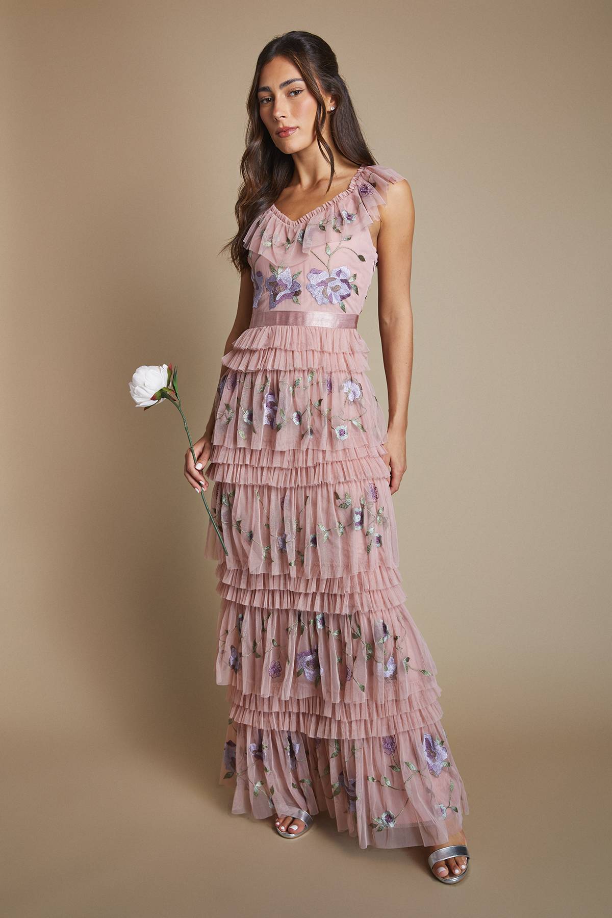 Coast Robe Longue De Demoiselle D'honneur En Tulle Brodé Avec Volants Plissés