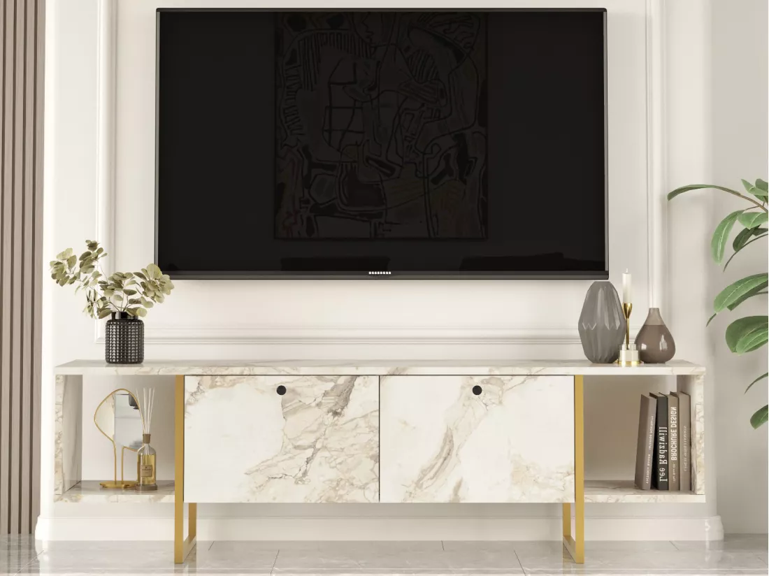 Meuble TV 2 portes et 2 étagères - Effet marbre blanc et Doré - DERANA