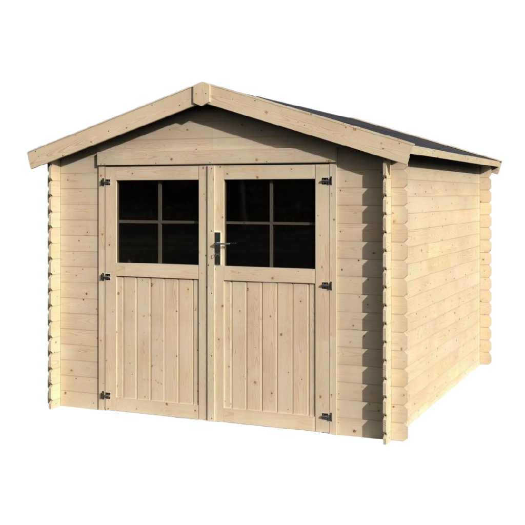 Abri de jardin en bois massif 9,6 m² — double porte vitrée — toit double pente — pin naturel