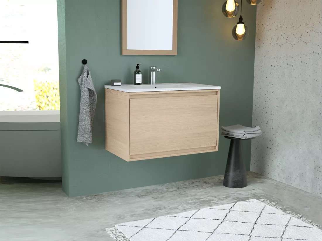 Meuble de salle de bain suspendu avec vasque à encastrer - Placage chêne - 80 cm - MESLIVA