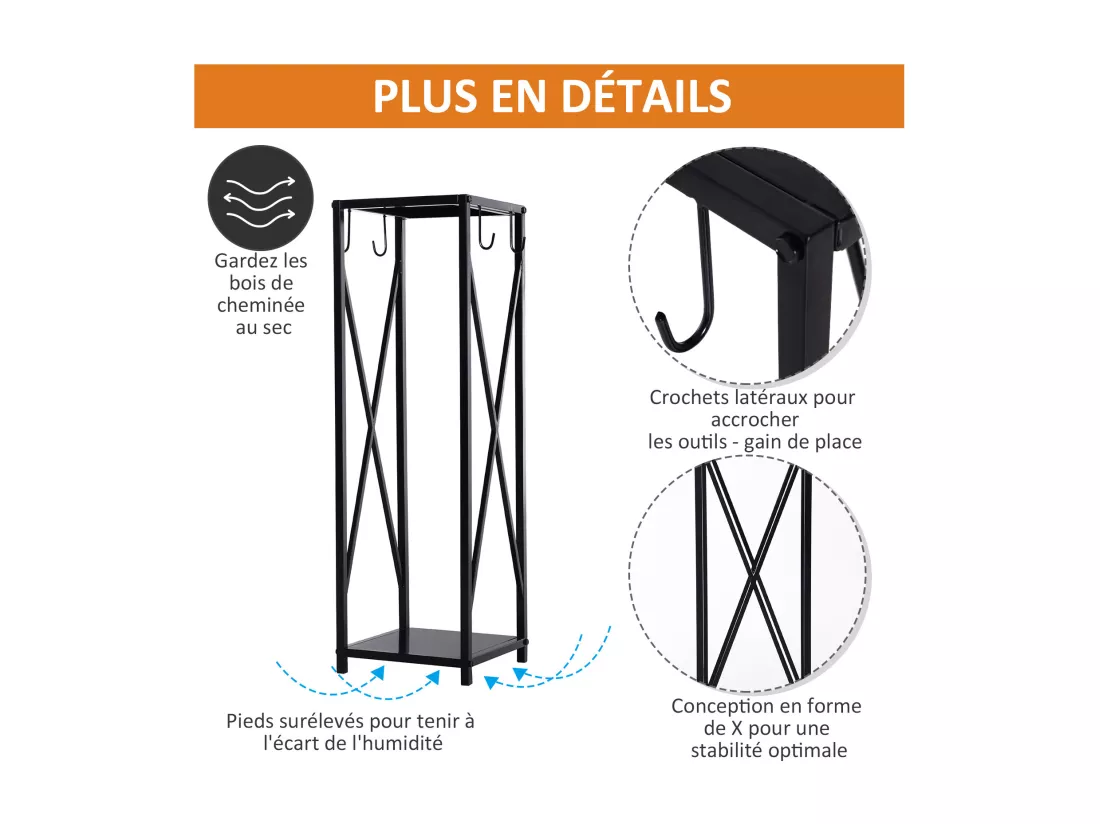 Serviteur de cheminée colonne - porte bûches - range bûches multi accessoires dim. 34L x 34l x 111H cm métal noir