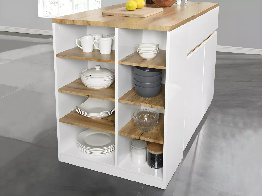 Ilot central de cuisine avec rangements - Blanc et Naturel - MEILI