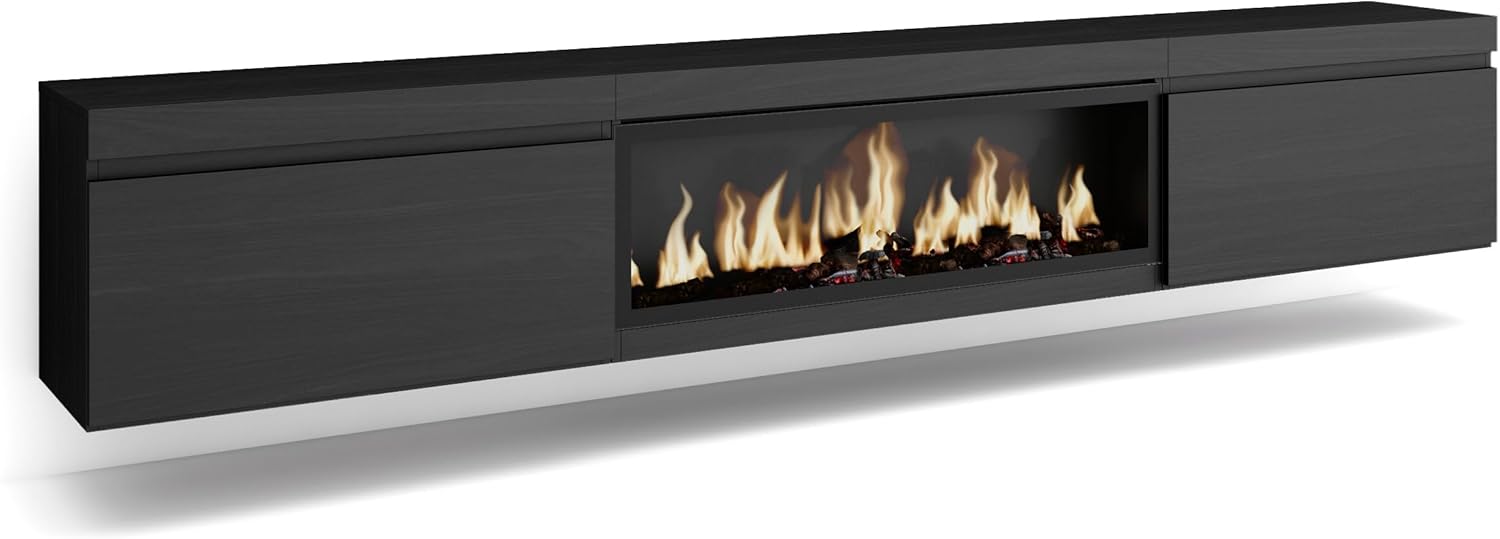 Skraut Home | TV-Schrank, Lowboard | für Wohnzimmer und Esszimmer | 267x45x35 cm | Für großformatiges TV | Elektrokamin XXL | Hängend | Moderner Stil | Schwarz