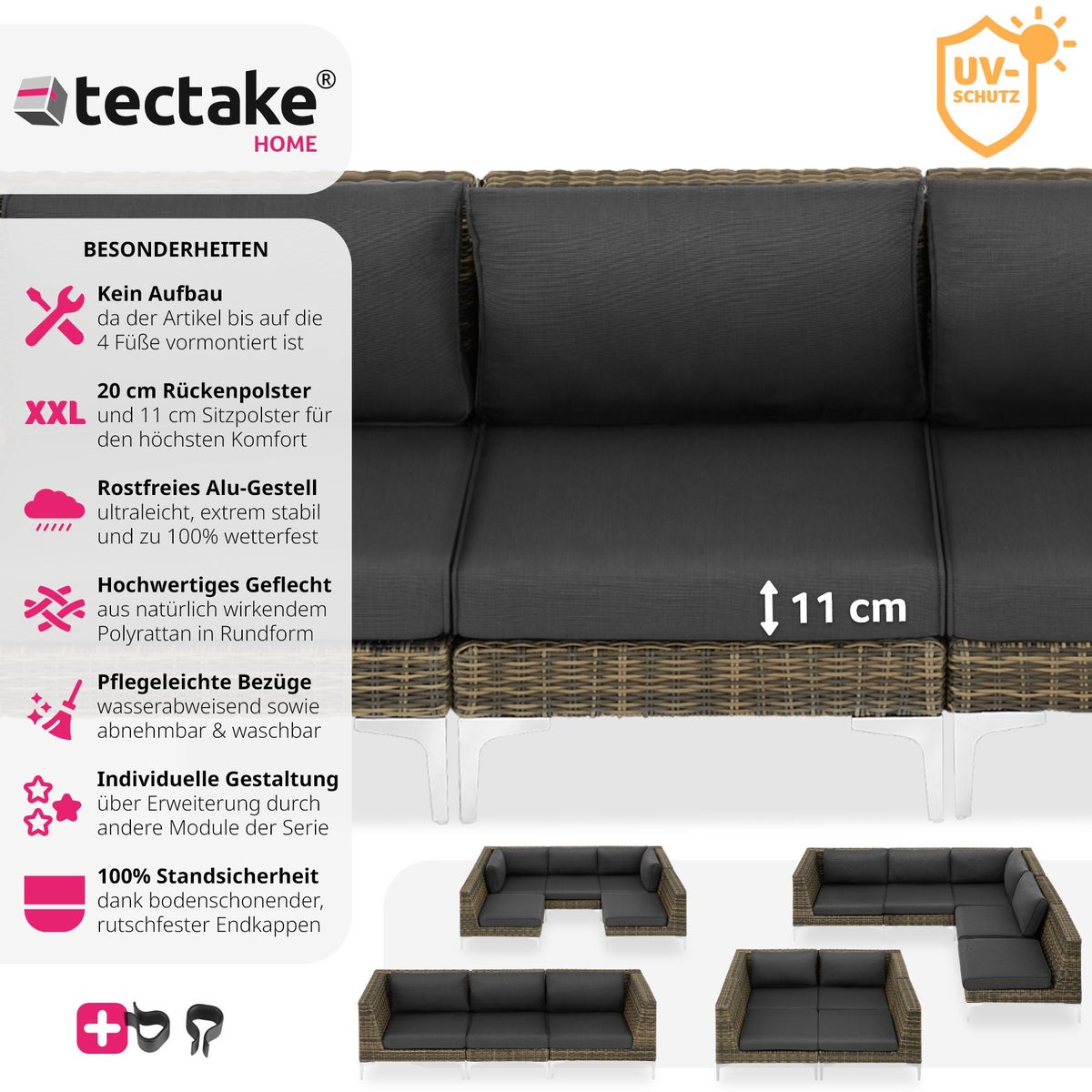 Modulaire rotanset tectake Villanova middenstuk met aluminium frame 69 x 89 x 72 cm