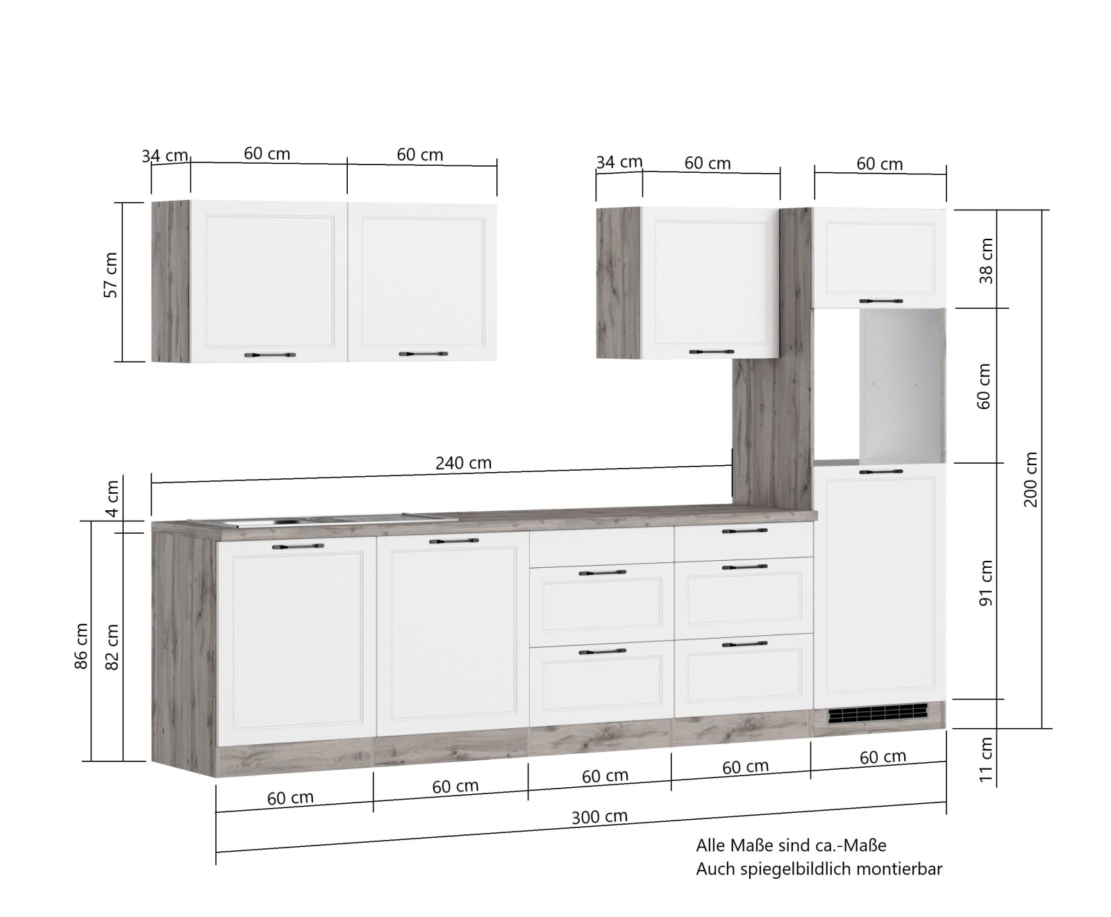 Küchenzeile MERAN - weiß - Wotaneiche - 300 cm