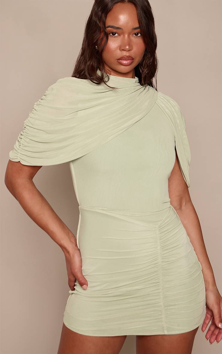 Vert Sauge Robe Courte Moulante Froncée À Manches Drapées En Mesh